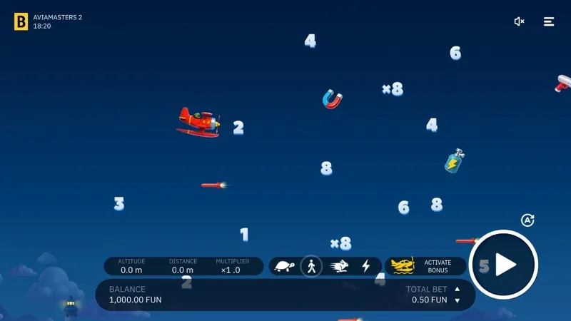 Aviamasters 2 বেট প্যানেল - ব্যালেন্স, বাজি ও Play বাটন